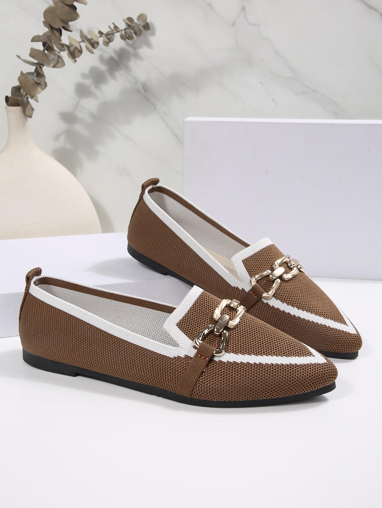 1 Pair Women's  Colorblock Knit Pointed Toe Metal Buckle Flat Loafers, Minimalist Commute Style Breathable Slip-On Shoes, Versatile Elegant Comfortable Professional Footwear for Office Work