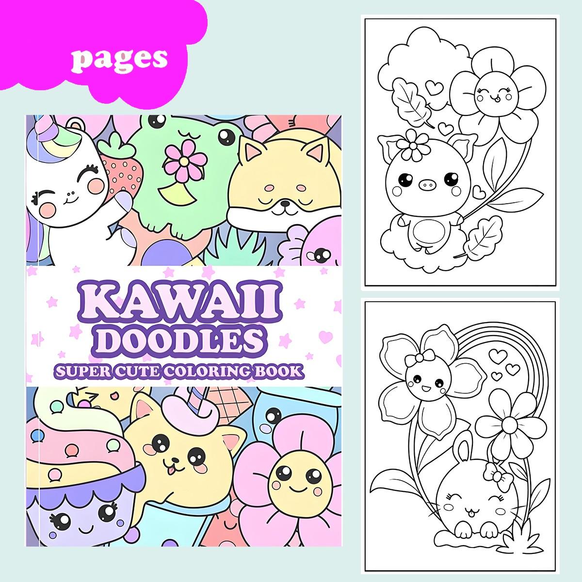 Kawaii Doodles Super Cute Coloring Book for Kids & Adults, 120GSM Thick Paper No Bleed, 22 Easy Bold Kawaii Animal & Food Pages, Non-Toxic Odorless, Stress Relief, Perfect Kawaii Gift for All Ages