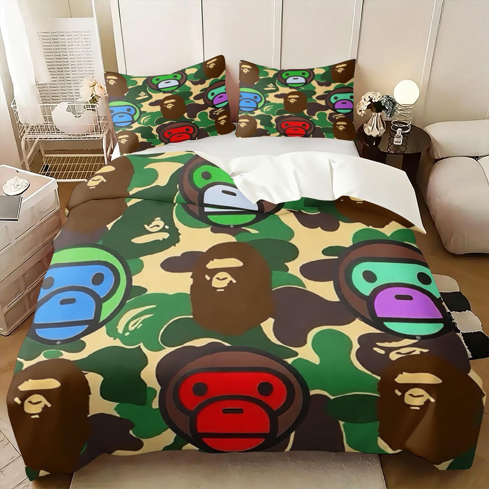 BAPE Ape Head Print Duvet Cover Set,Includes 1 Duvet Cover and 1-2 Pillowcases,Military Camouflage Bedding Set,Suitable for Boys and Teenagers Whimsical Room Decor