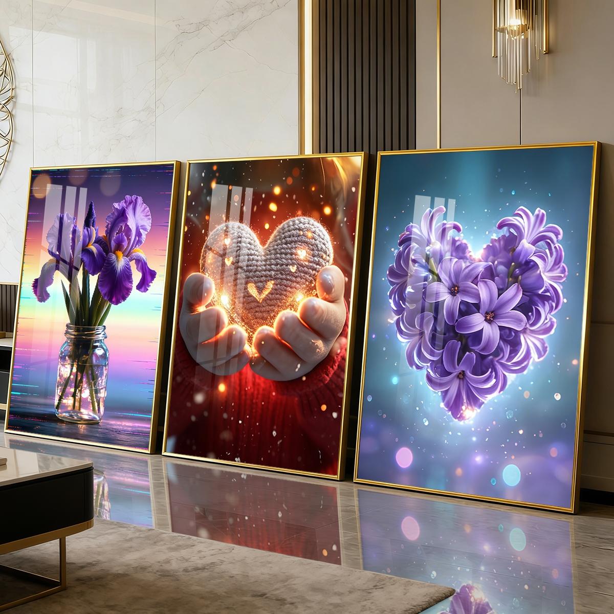 3 Counts Aluminum Alloy Framed Painting, Purple Irises And Glowing Heart Flower Art Pictures, Home Decoration For Living Room, Bedroom, Office, Restaurant, Hallway Wall Decor, Odorless Print Artwork, Luxury Perfect Gift For Friends And Family
