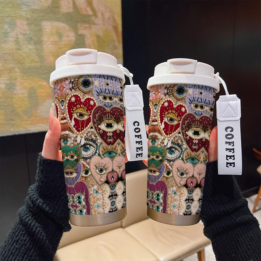 Abstract Heart Crown Eye Texture Coffee Cup, Portable Dual Drink Insulated Tumbler, Keeps Hot/cold, Boho Style, Office Travel Essential
