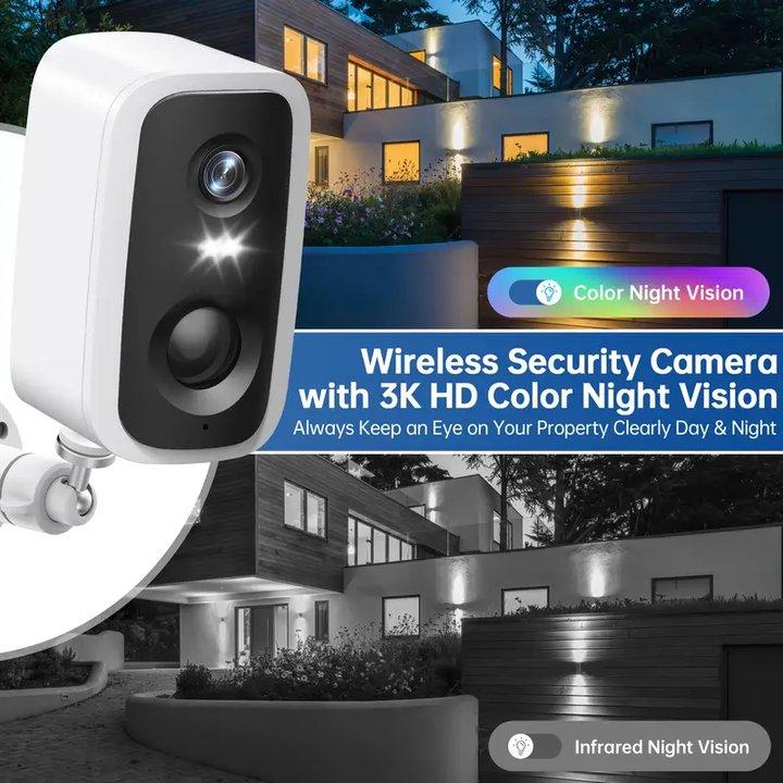 Battery Rechargeable Security Camera Wireless Indoor/Outdoor 2.4GHz WiFi , 2K Color Night Vision, Automatic Alarm, AI Detection
