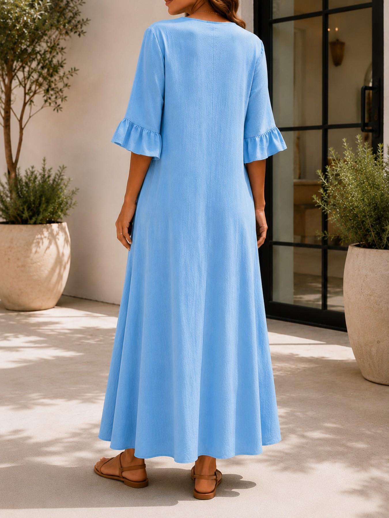 Plus Size Women's Solid Color Feminine Notched-Neck Wooden Button Dress, Loose-Fit Ruffle Sleeve Long Dress, Casual Style A-Line Dress for Office & Vacation