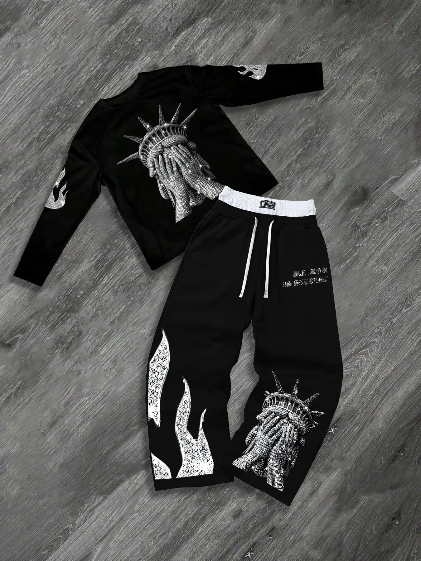 Unisex Streetwear Set, Long Sleeve T-Shirt & Wide Leg Sweatpants, Glitter Statue of Liberty Print, Oversized Y2K Casual Sportswear Vibe