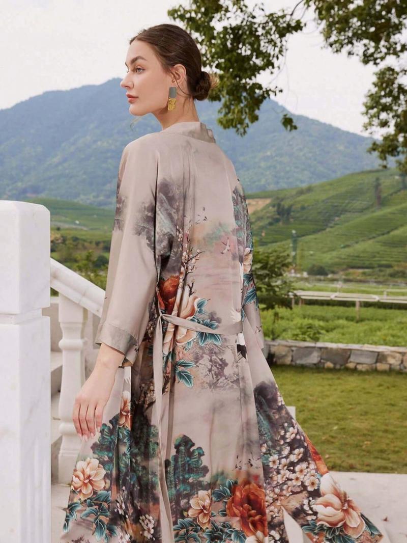 Boho Ethnic Style Crane Floral Print Long Sleeve Kimono Cardigan, Women's Elegant Casual Beach Cover-Up Jacket, Thin Windbreaker Robe Dress Boho Ethnic Style Crane Floral Print Long Sleeve Kimono Cardigan, Women's Elegant Casual Beach Cover-Up Jacket, Thin Windbreaker Robe Dress