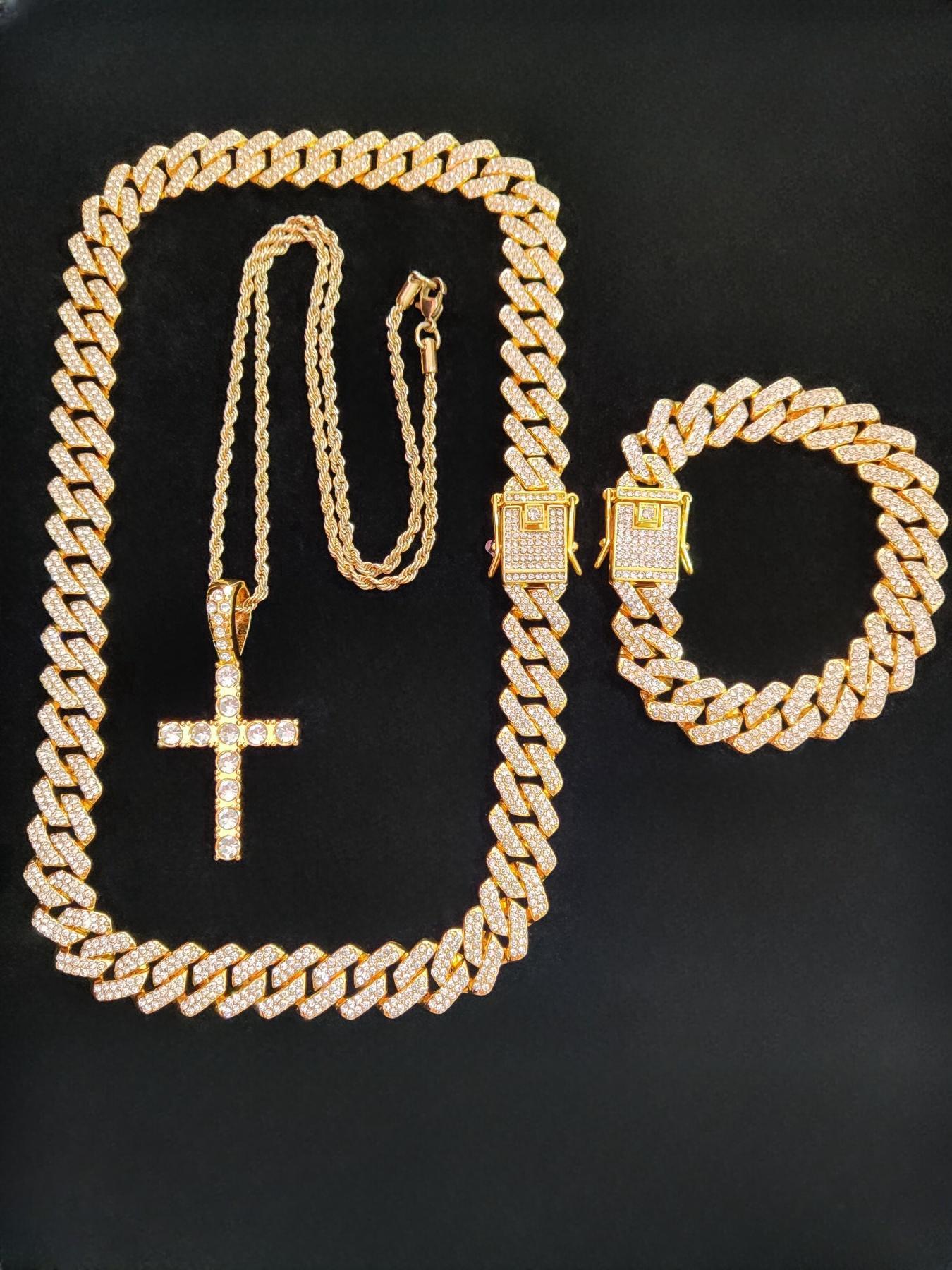 Rhinestone Cross Pendant Chunky Chain Necklace & Bracelet for Women & Men (3counts), Fashion Jewelry for Party, Daily Clothing Decor, Birthday Gift,  Charm Necklace