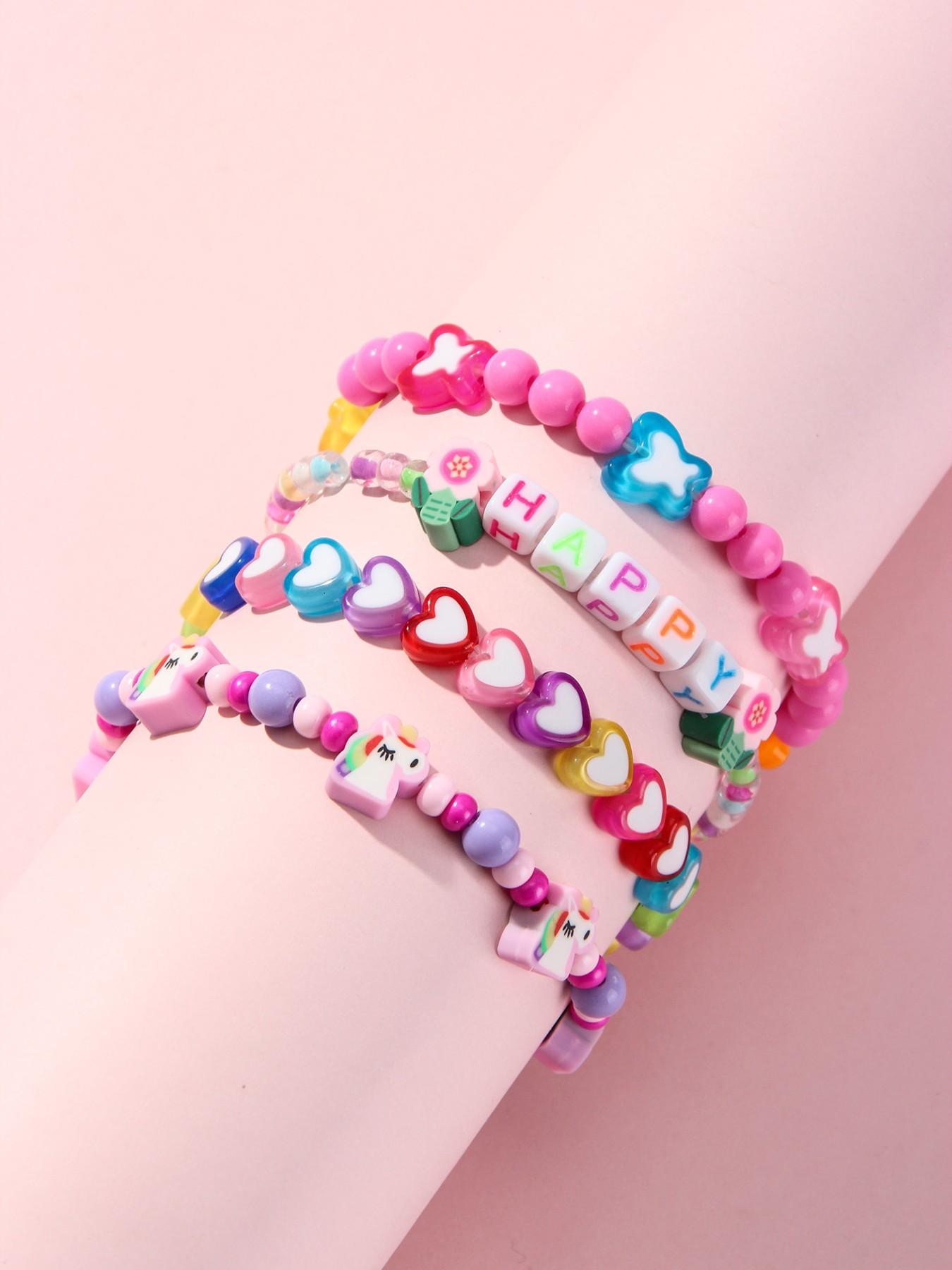 4pcs/set Multicolor Acrylic Beaded Bracelets, Heart Butterfly Letter Glass Beads, Party Gift for Girls, All Seasons Fashion Accessory