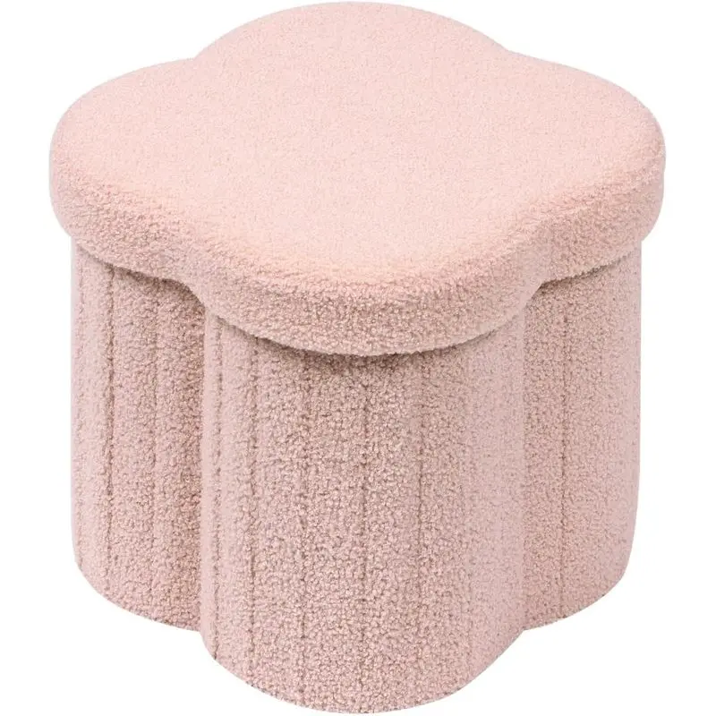 Pink Boucle Flower Shaped Storage Ottoman Cube 12.6 Inch Faux Lamb Fleece Foot Stool, Foldable Cube Seat with Ample Storage for Blankets and Pillows