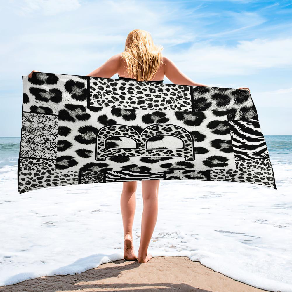 Leopard Print Letter Beach Towel, Black White Animal Patchwork Beach Blanket, Quick Dry Sand Free Bath Towel for Swimming Pool Camping, Monogram Initial Decor for Kids Teens Adults