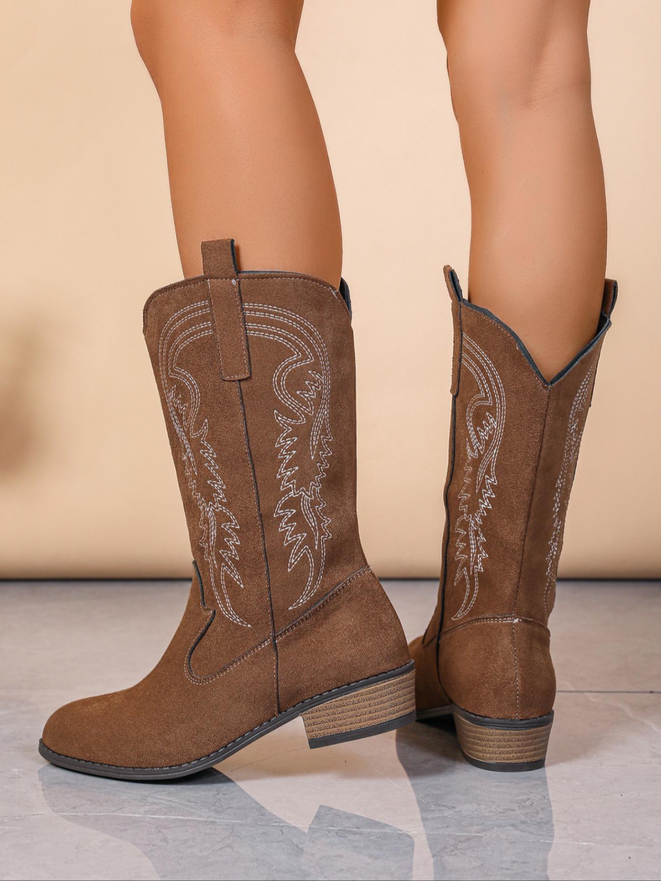 American Vintage Style Classic Western Embroidered Mid-Calf Boots, PU Leather, Rubber Sole, Fashion Winter Shoes, Slimming Effect