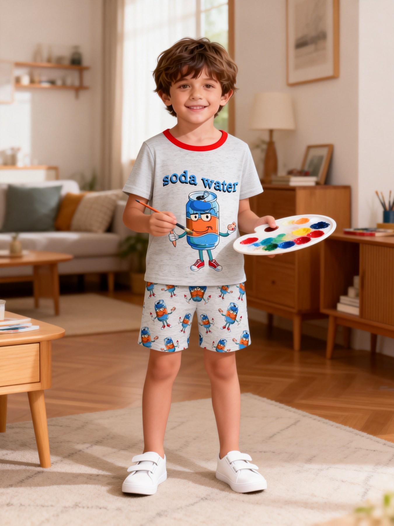 Boys' Cartoon Print Short Sleeve Pajama Set, Breathable Fitted ...