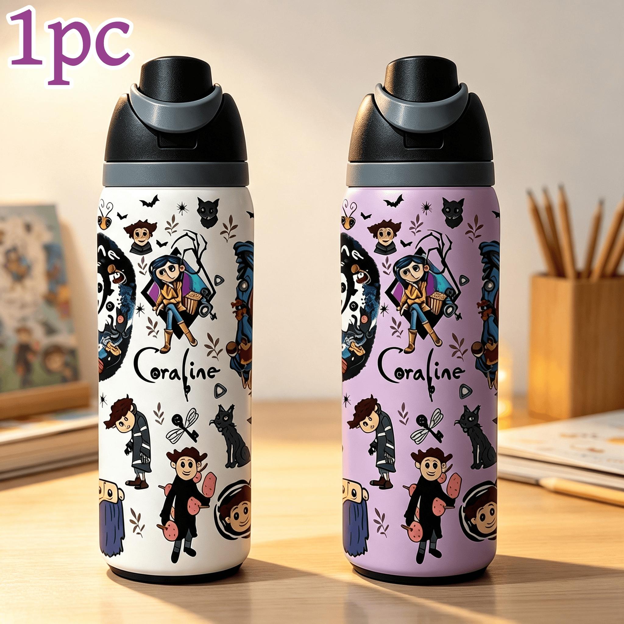1pc 32oz Coraline Cartoon Insulated Water Bottle, Double‑Wall Stainless Steel Portable Travel Tumbler, Horror Animation Character Print, Flip Spout Lid, Leak‑Proof Reusable Cup, For Daily School Outdoor, Animation Fan Collectible Gift