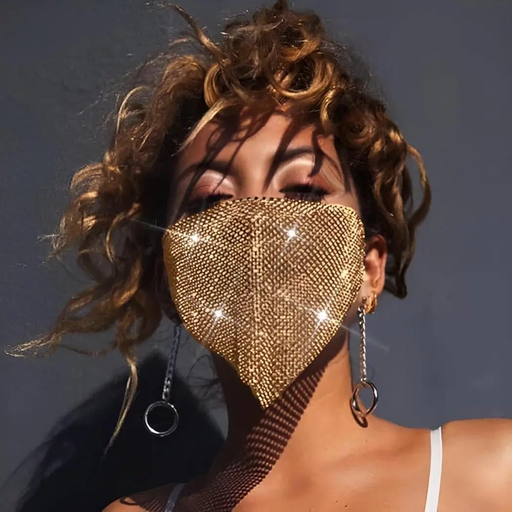 Sparkling Rhinestone Crystal Mesh Masquerade Face Mask for Women, Gold - Party Nightclub Rave Mouth Cover Jewelry(Gift)