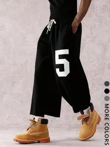 Unisex Black Drawstring Wide Leg Cropped Sweatpants with Bold Number 5 Print American Varsity Streetwear Casual Pants