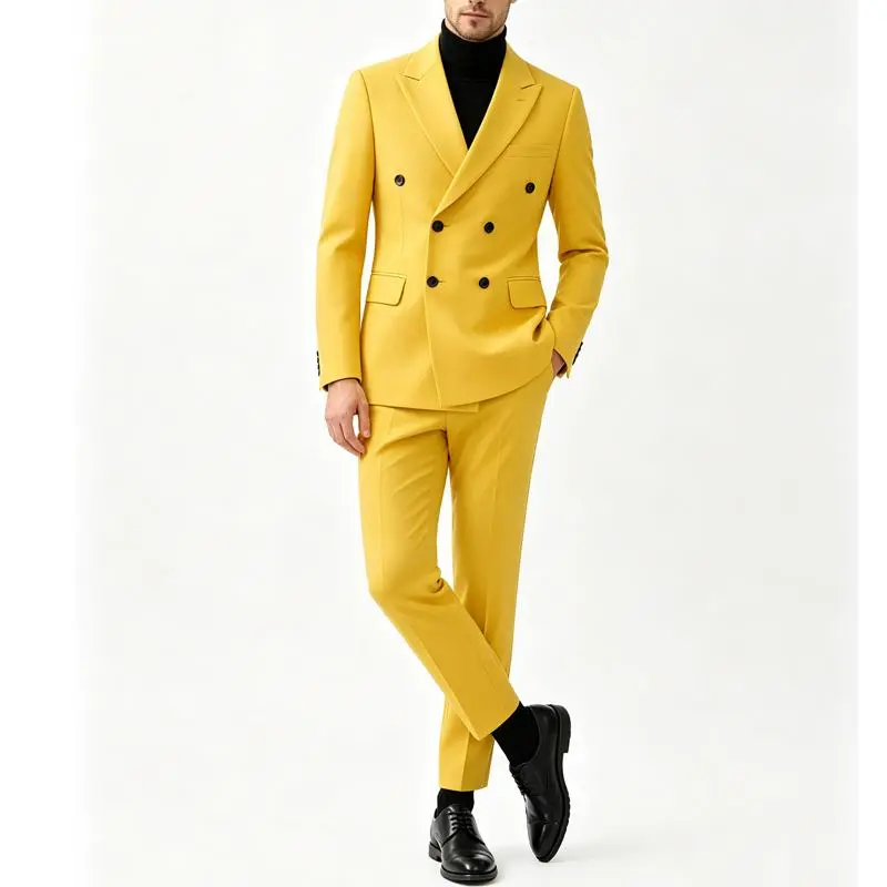 Men's Slim Fit 2 Piece Suit Double Breasted Business Wedding Prom Tuxedo Suits Blazer & Pants Set…men 2 piece sets Fabric Menswear Musical Polyester School Straight Yellow Beige Blazer Trouser Blazers Suit Sets Formal Soft Long Sleeve Plain