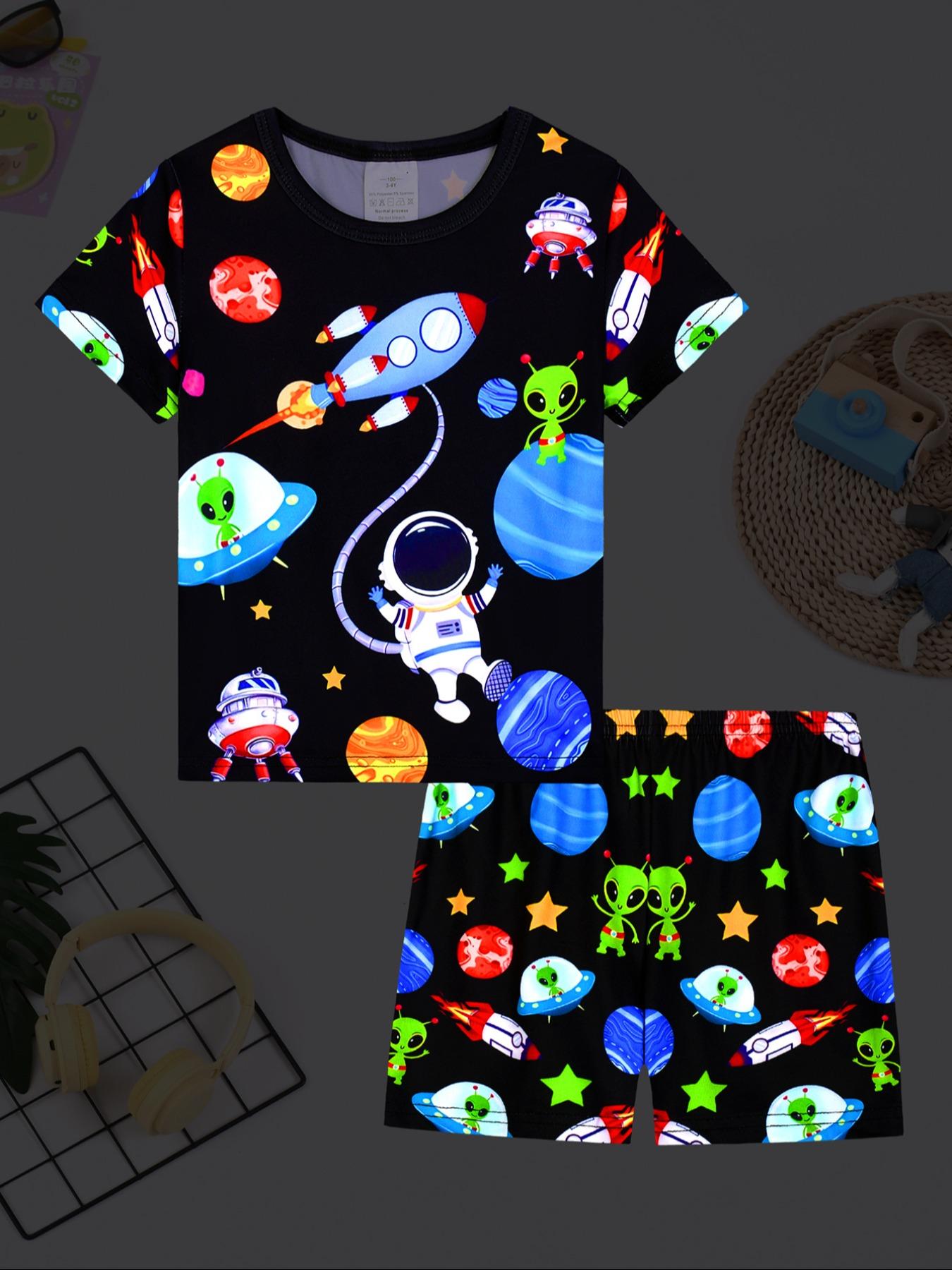 Boys Round Neck Short Sleeve Shorts Digital Print Space Planet Alien Fashion Casual Comfortable Fitted Home Sleepwear Set