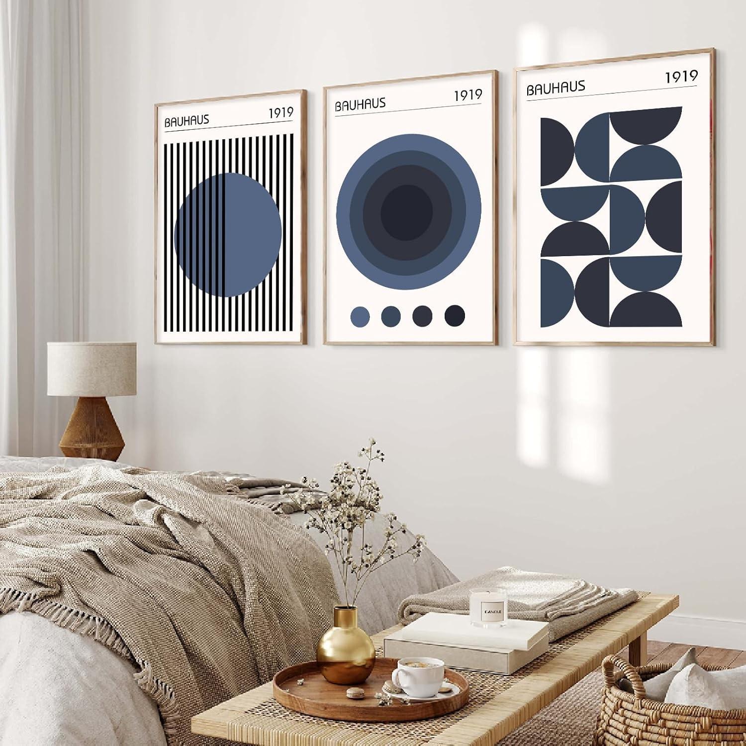 3pcs/set Minimalist Geometric Wall Art Bauhaus Exhibition Poster Abstract Shape Prints Mid Century Modern Artwork Boho Modern Pictures Abstract Geometric Painting Blue Bauhaus Poster for Room Unframed