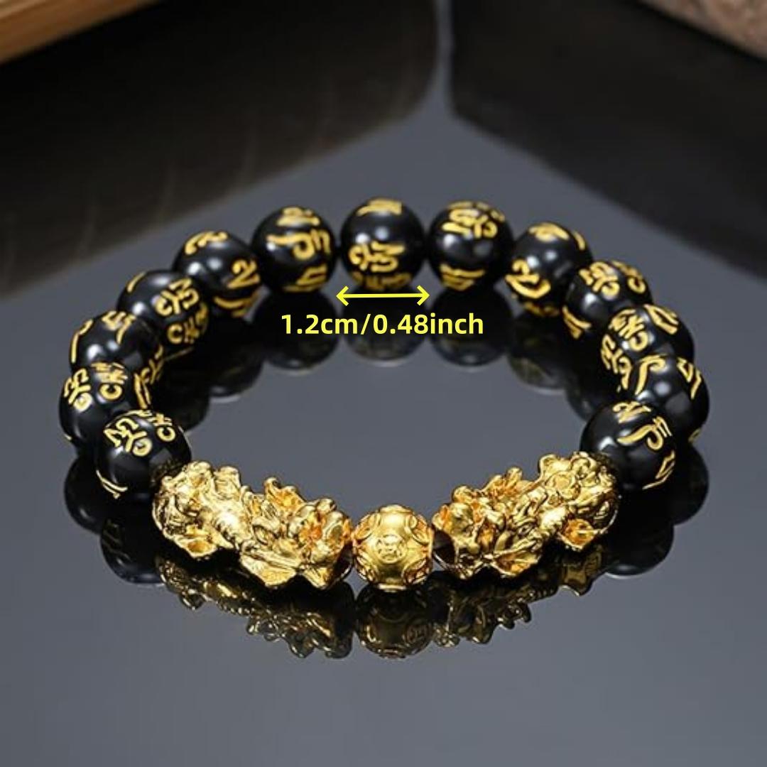 12Mm Obsidian Golden Pixiu Chinese Style Six-Character Mantra Round Bead Stretch Good Luck Large String Round Bead Stretch Wealth Bracelet Jewelry, Ethnic Style Toy Men'S Wealth Stone Bracelet, Spring Festival Gift, New Year Gift