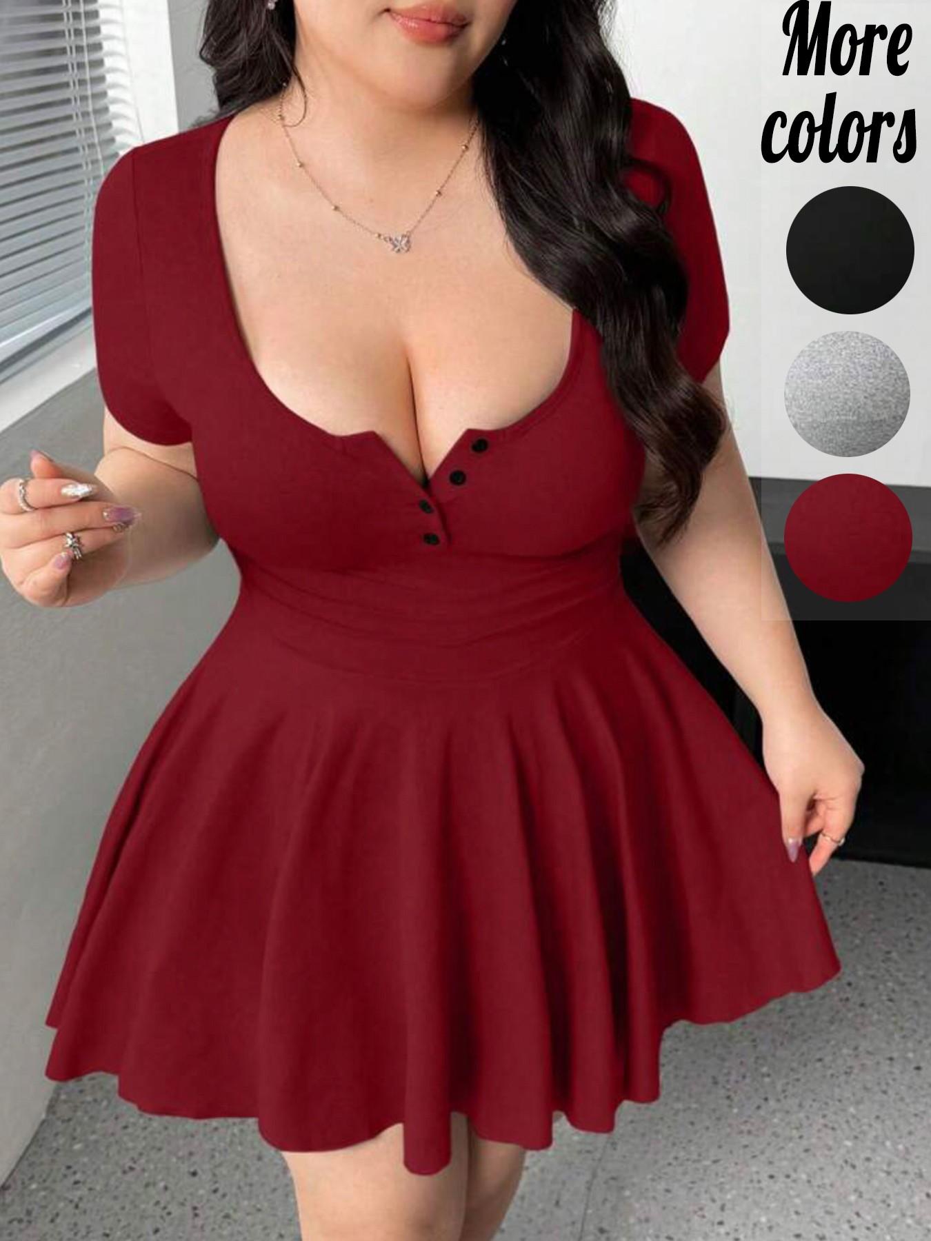 Plus-Size Womenswear Black Short Sleeve U-Neck Flared Mini Dress, Casual Style, Casual Wear, Feminine, Stretchy Slim-Fit Fabric & Button Front Detail, For Curvy Women, Perfect for Date Night, Brunch & Party Looks, TikTok Viral Fashion Plus-Size Womenswear Black Short Sleeve U-Neck Flared Mini Dress, Casual Style, Casual Wear, Feminine, Stretchy Slim-Fit Fabric & Button Front Detail, For Curvy Women, Perfect for Date Night, Brunch & Party Looks, TikTok Viral Fashion