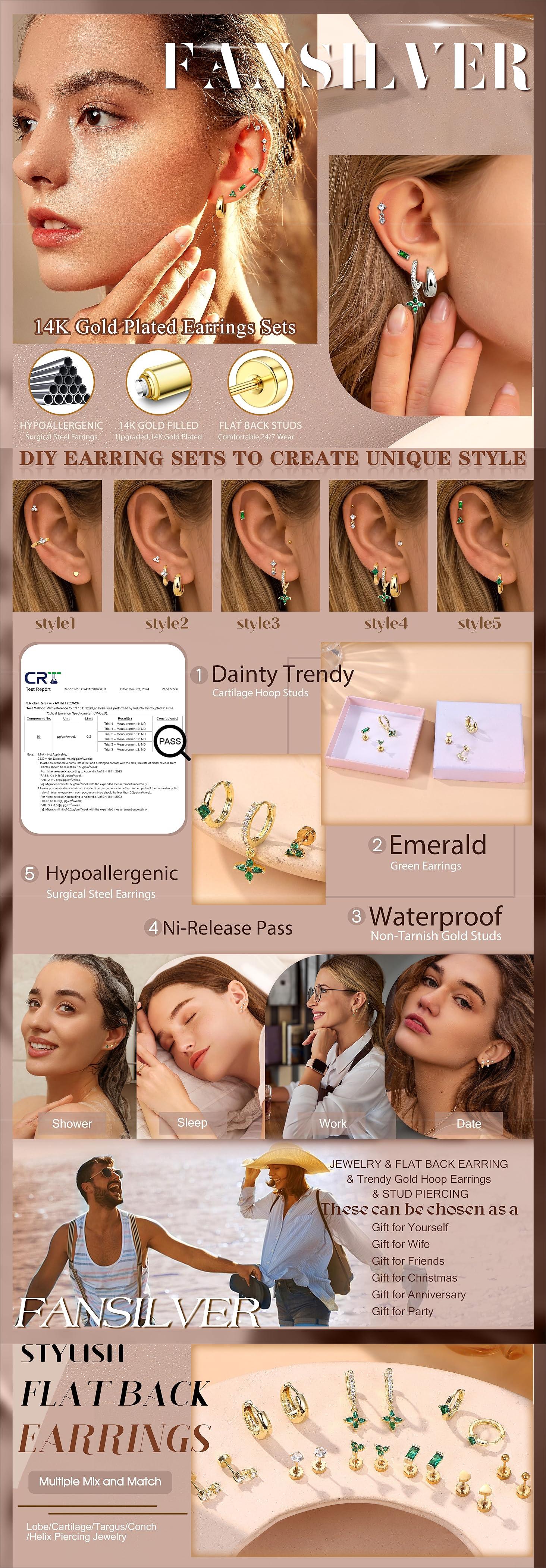 Fansilver Flat Back Earrings for Women 20G Surgical Stainless Steel Cartilage Earring Sets for Multiple Piercing Dainty Small Hoop Flatback Stud Earrings Hypoallergenic Chloe Earring Set Gold-Plated