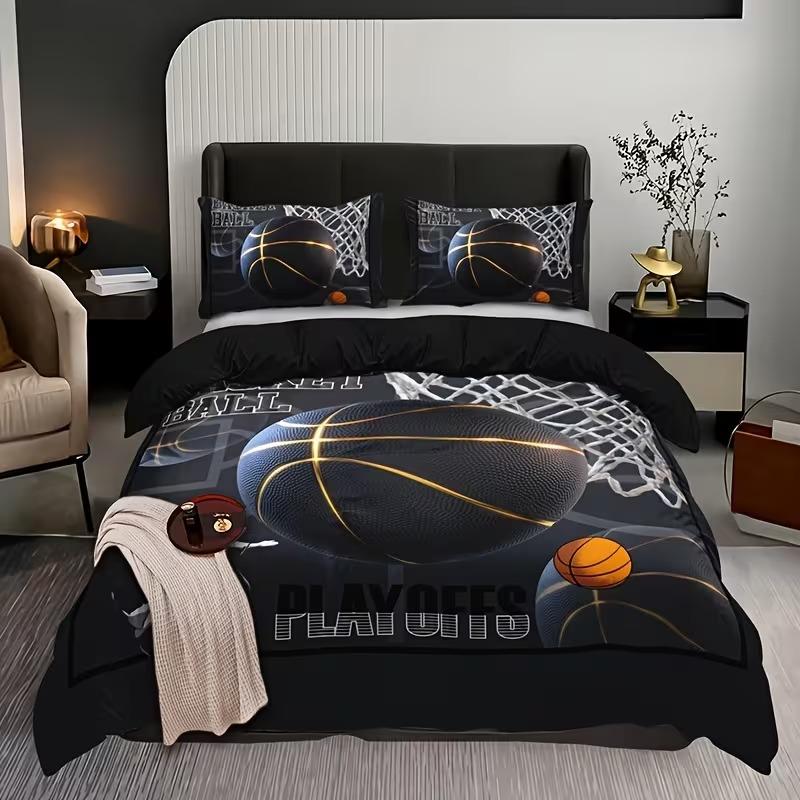 3pc Slam Dunk Pattern Bedding Set, Basketball Letter Print Duvet Cover Set, includes 1 duvet cover and 2 pillowcases, suitable for single, double, and king-size beds, available in multiple sizes.  Ideal for bedrooms, guest rooms, dormitories, and hotels