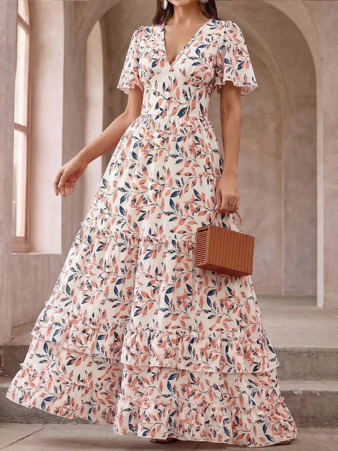 Summer Striped Dress, Layered Cake Dress, V Neck Long Dress, Bell Sleeve, a Line, Ruffle, Elegant, Casual, Retro, Vacation, Commute, Travel