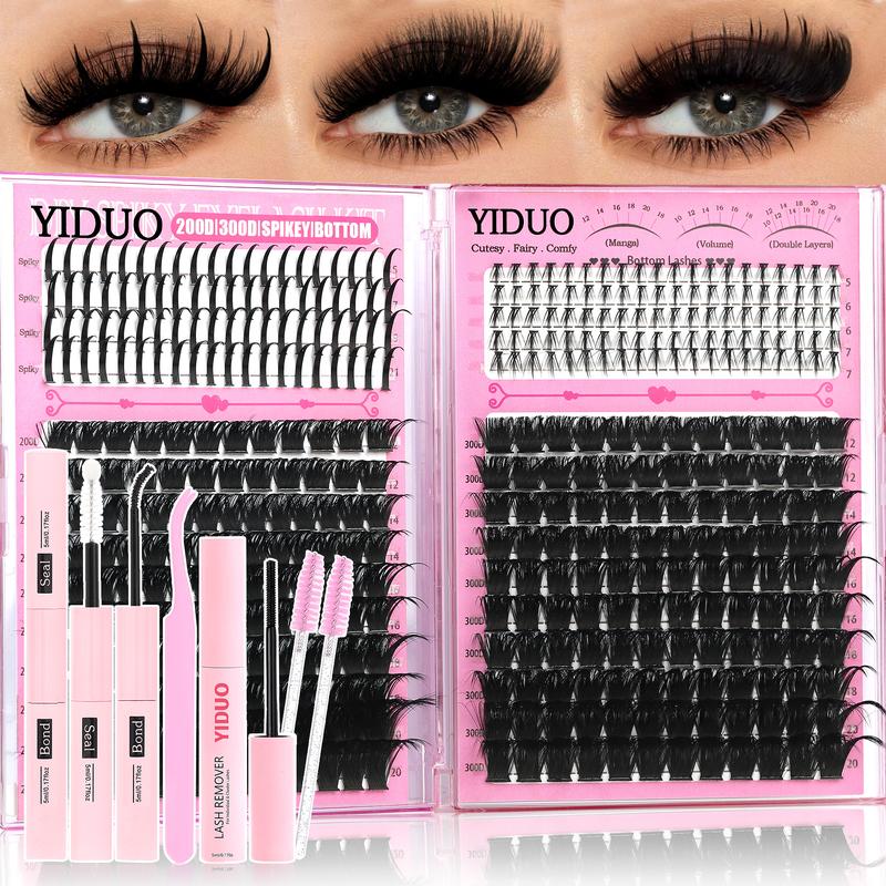 4 Styles Eyelash Cluster Kit Bottom/Spiky/200D/300D Volume Lash Clusters Kit 5-20mm 420Pcs Volume D-Curly Eyelash Glue Extension Eyelash Extensions Kit with Lash Bond and Seal Tweezers Remover DIY at Home Easily