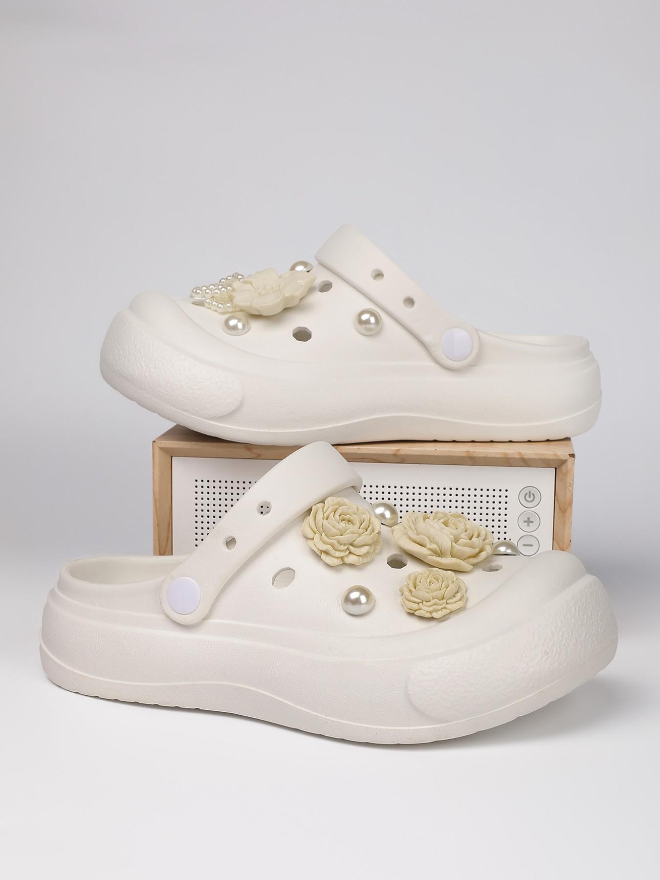 Women's Thick Sole Holey Shoes with Pearl Flowers, Unique Design Versatile Outdoor Sandals, Fashionable and Comfortable Footwear