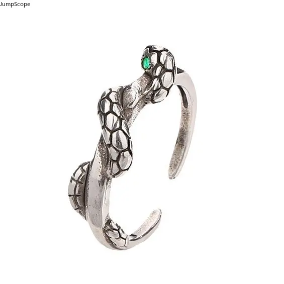 Vintage Oxidized Snake Open Ring, 3D Wrapped Serpent Band With Green Zircon Eyes Adjustable Gothic Python Statement Finger Ring 2026 New Trend Unisex Cool Animal Joint Ring Cross-Border Dark Aesthetic Jewelry