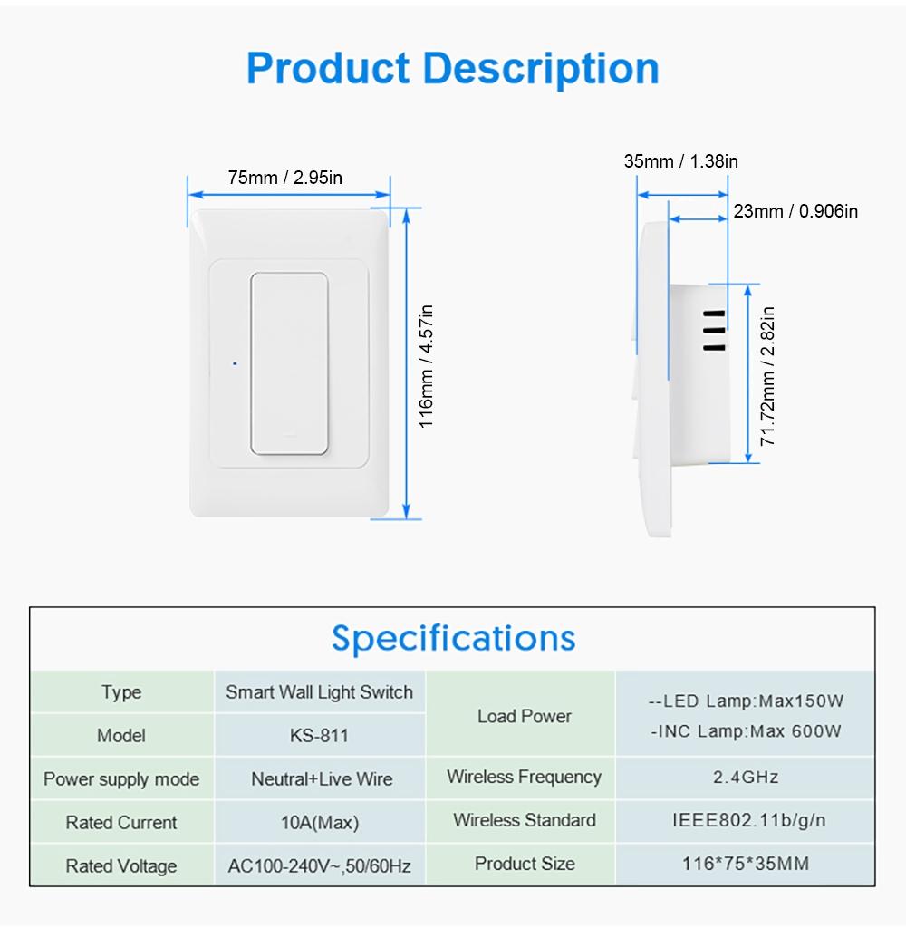 Smart Light Switch WiFi Zigbee, No Neutral Wire, Panel Mount, Push Button, 1/2/3 Gang, Ac100v-250v, Smart Voice Control Compatible with Alexa&Google Home
