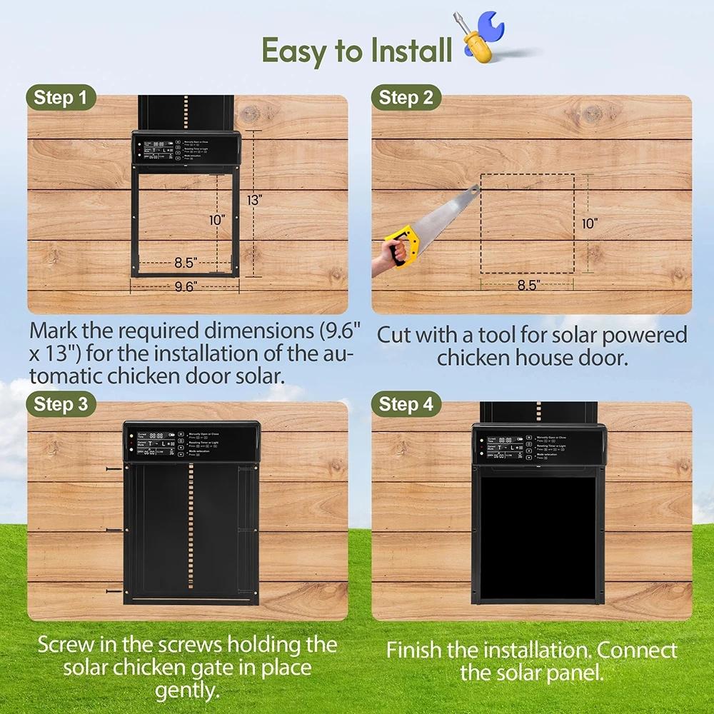 Solar Automatic Chicken Coop Door with LCD Screen, Timer Light Sensor Remote Manual Rechargeable Electric Poultry Gate, Chicken Coop Enclosure