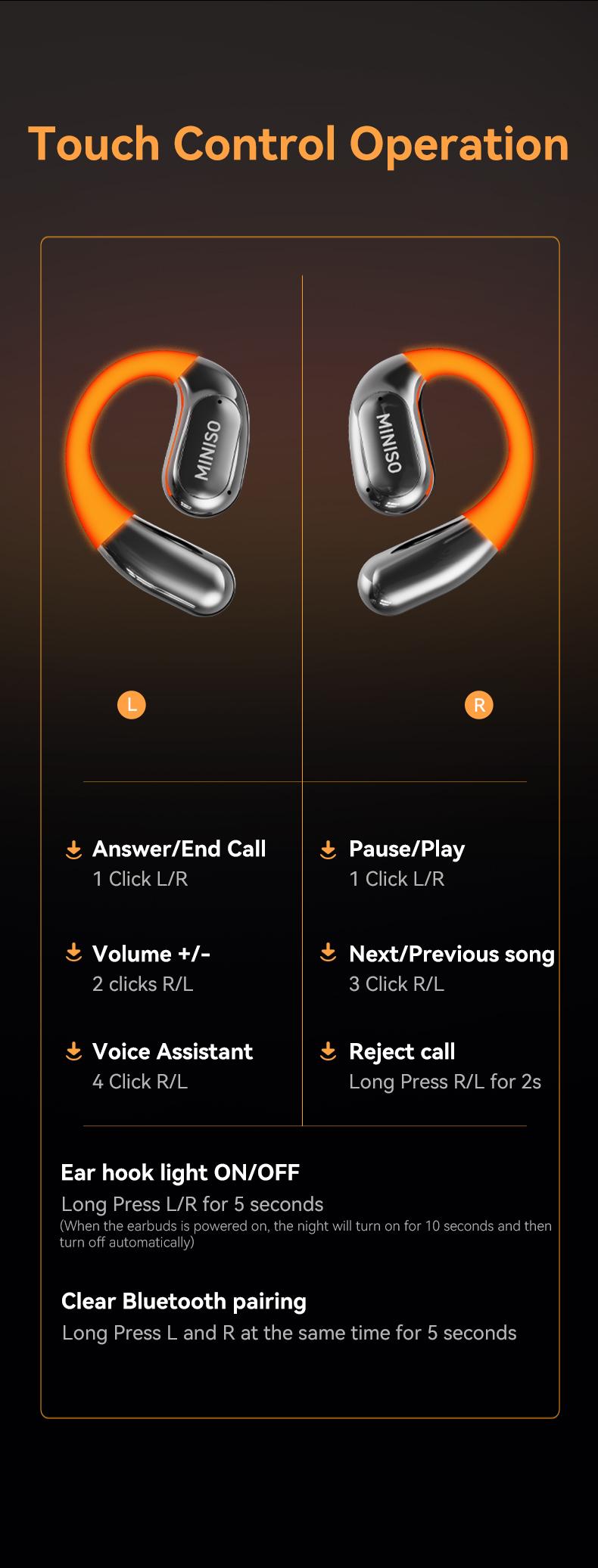 MINISO MS183 Open Ear Luminous Wireless Earbuds with Cool Light 360° Rote HIFI Sound Quality Sports Bluetooth Headphones OWS Earbuds IPX5 Waterproof With microphone Earphones