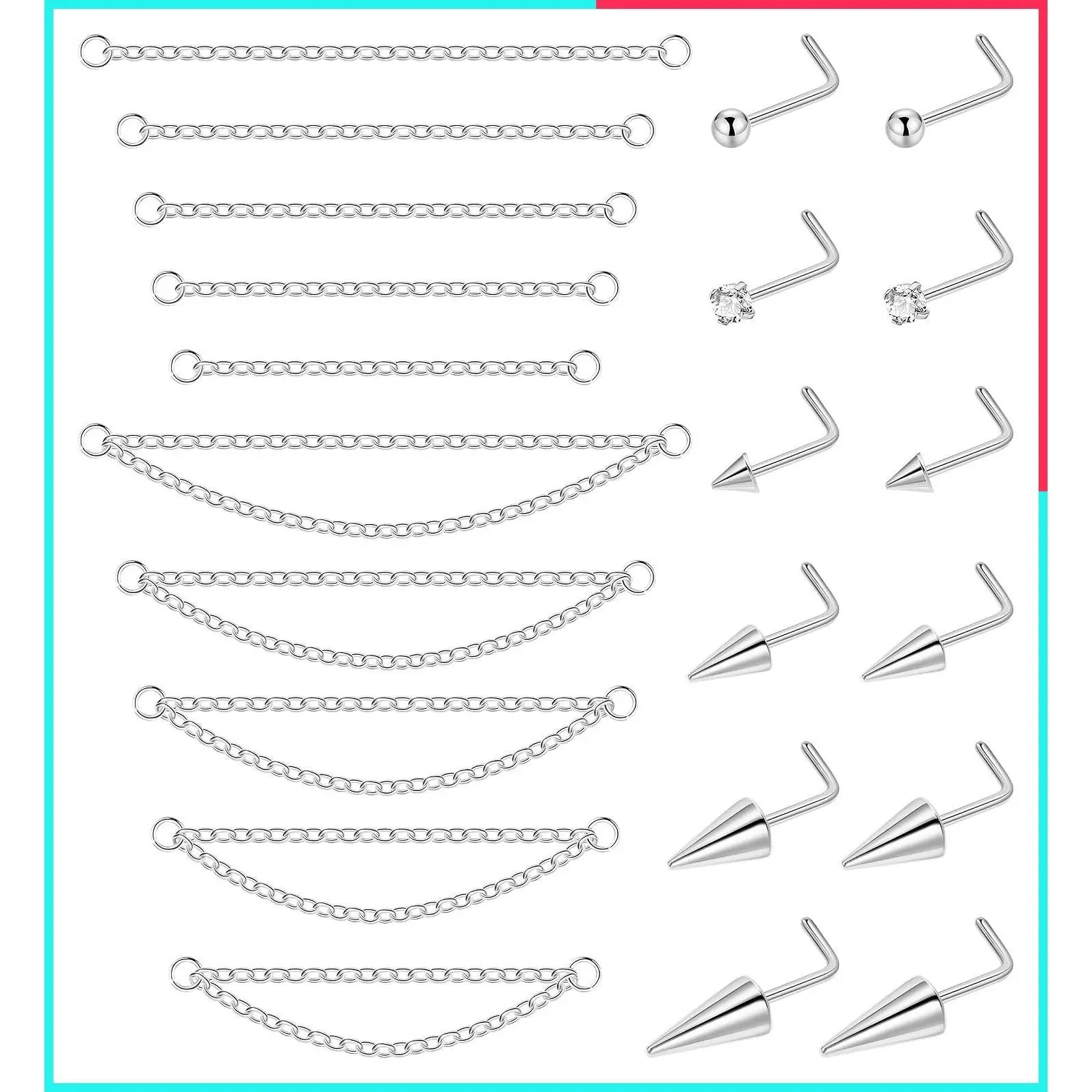 22Pcs 20G Surgical Steel Nose Ring Chain & Stud Set for Women Men - Double Nose Chain Across Nose Piercing, Spike Ball CZ Nostril Jewelry