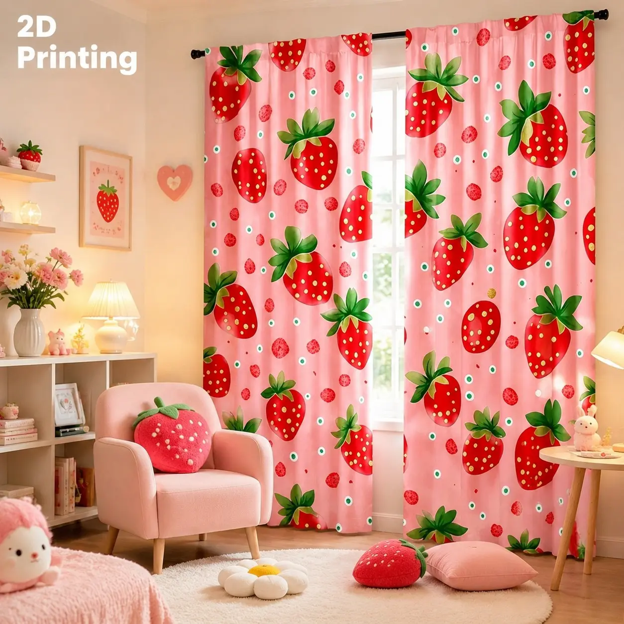 2-piece set of pink cartoon strawberry printed semi blackout curtains, paired with colorful small dots and strawberry pulp accents, suitable for girls' bedrooms, children's rooms, bay windows, apartments, dessert shops, Japanese fresh curtains
