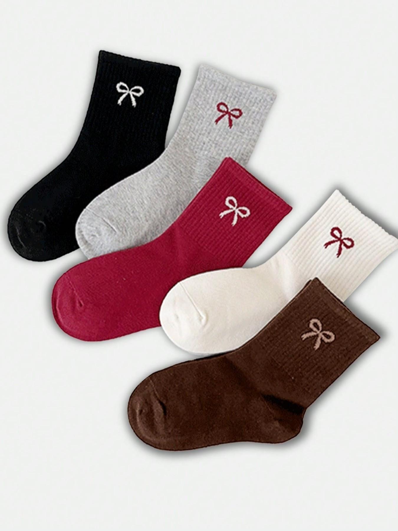 10 Pairs Girls' Crew Socks, Heart/bow Pattern, Casual Fitted Design, Breathable & Comfortable, Spring/fall/winter Wear, Comfy Breathable Socks