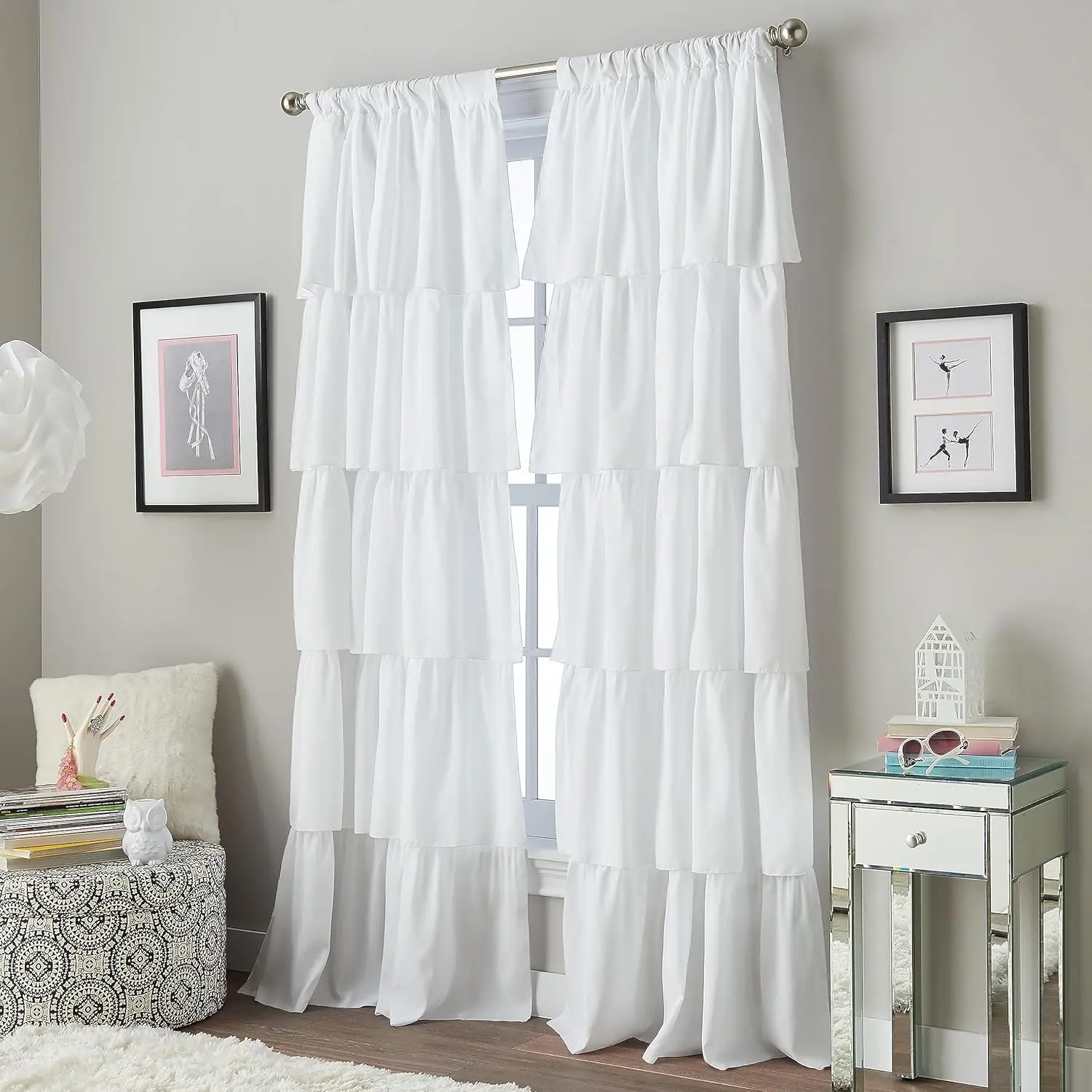 White Flounced Ruffle Rod Pocket Single Curtain Panel, 63 InchGift