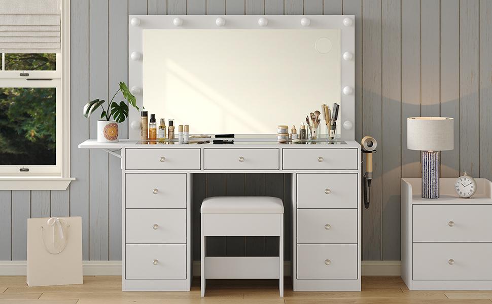FUSOU 47"W 9 Drawers Vanity Set with Fold-up Panel, Vanity Desk with Power Outlet, Makeup Vanity with Lighted Mirror, 3 Lighting Modes Adjustable, Glass Top, Vanity Table with Chair for Bedroom