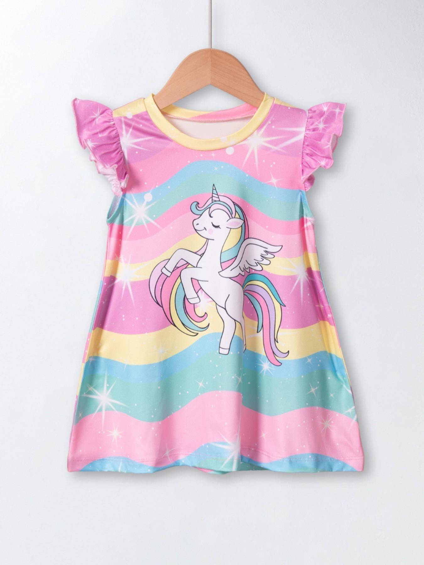 Baby Girl Summer Dress Cartoon Unicorn Pattern Princess Style, Cute Loose-Fitting Sleeveless Design, Sweet Fashion for Kids, Baby Clothing