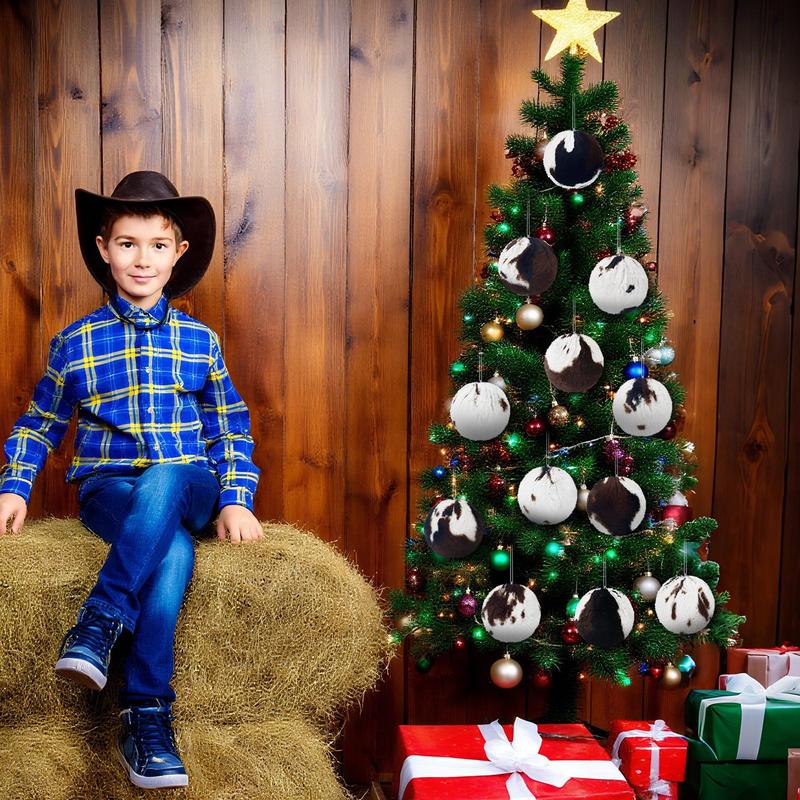 Christmas Clearance Sale Western Cowboy Christmas Ornaments Set Plastic/Plush Cow Print Christmas Balls with Bow, Christmas Decor Cowboy Hat Western Decor Wooden Hanging Decorations for Xmas Tree Farmhouse Country Holiday Party Home Decor Christmas Gifts