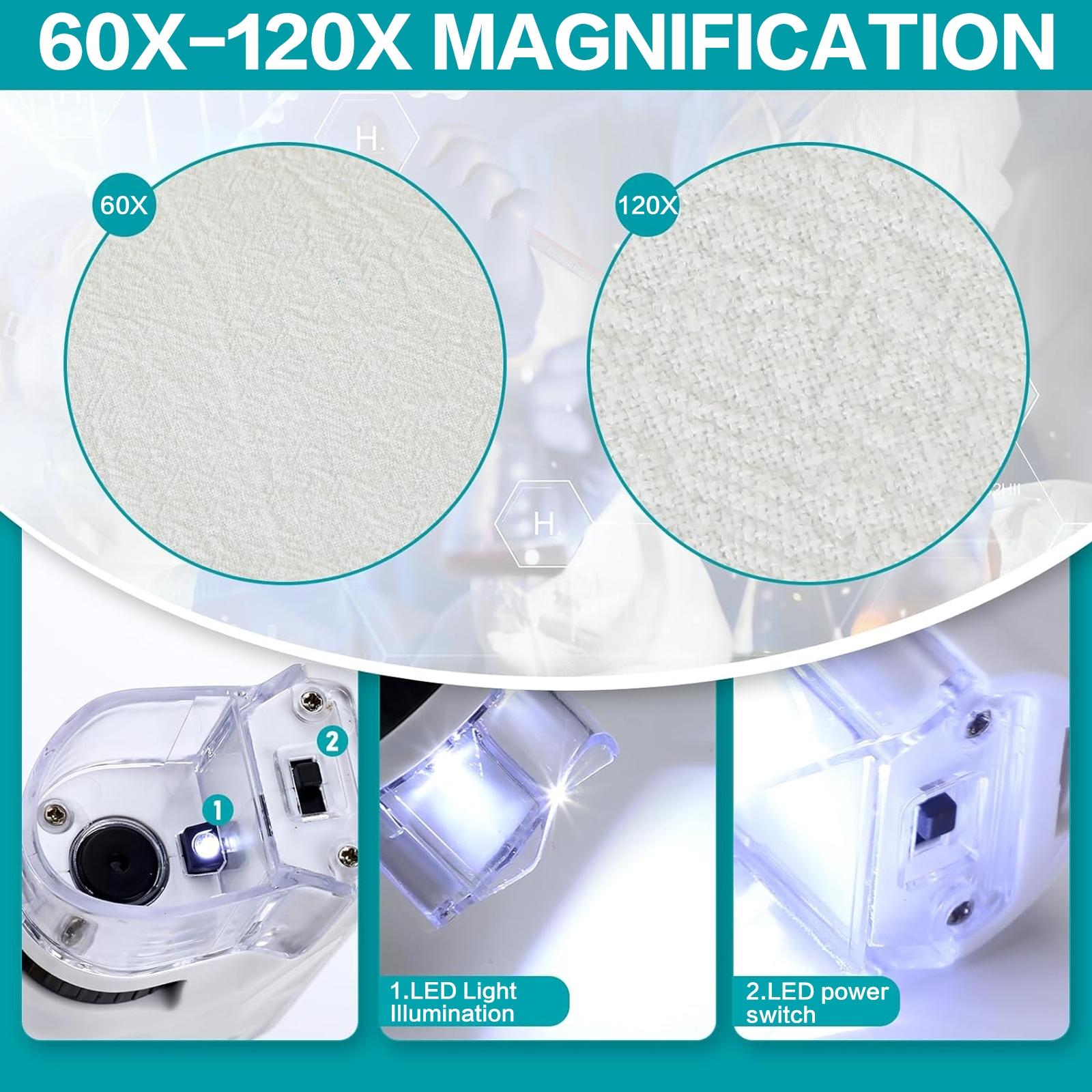 Portable Handheld Microscope, 1 Count Batteries Required 60X-120X Mini Pocket Microscope with LED Light, High Definition Microscope for Preschool Home Study, Visual Learning Tools