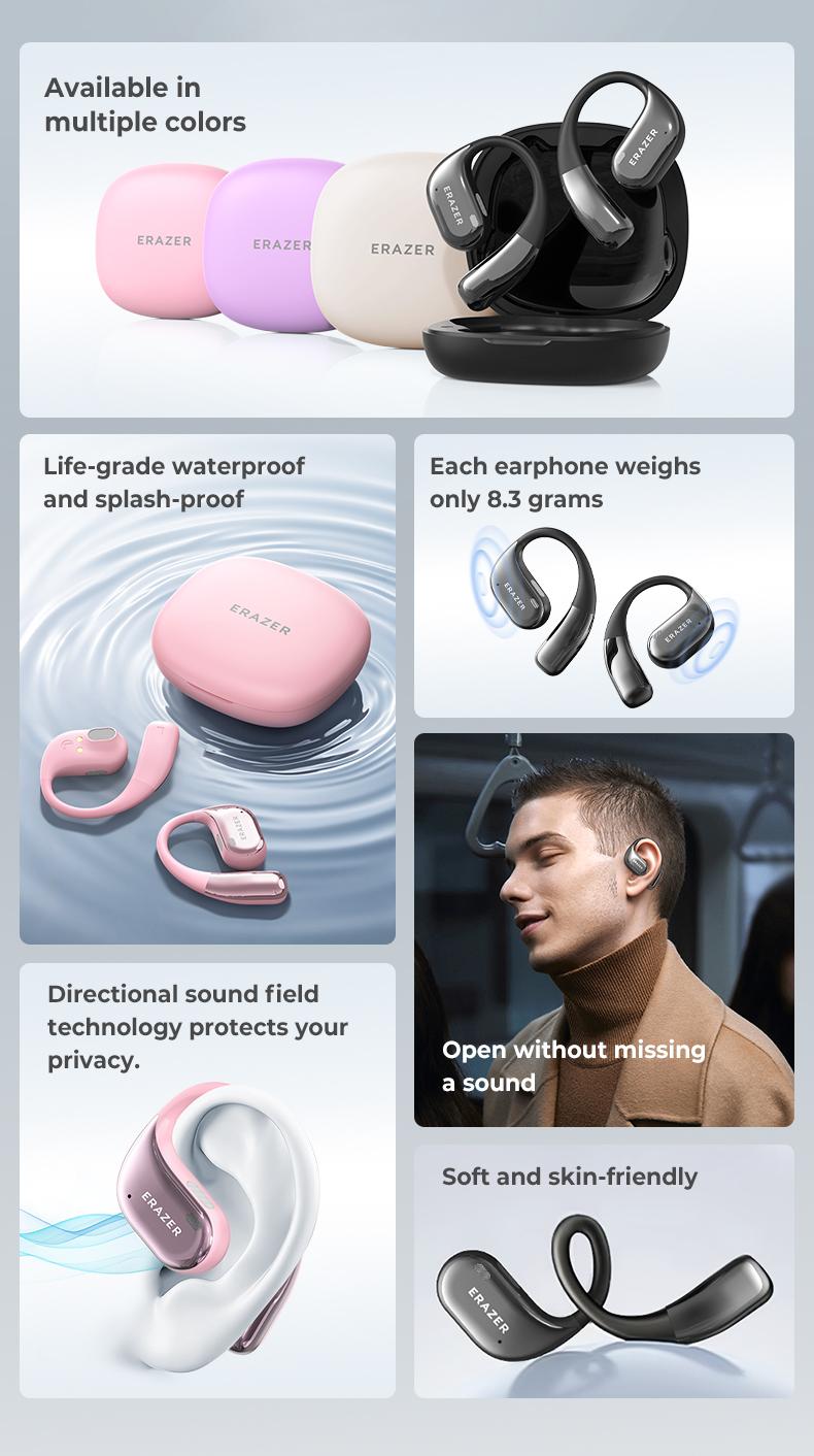 ERAZER X11 True Wireless Open Ear Earbuds Bluetooth 5.4 HIFI Sound Quality Sports Headphones OWS Earbuds Gaming with Low Latency Touch Control IPX5 Waterproof With microphone Earphones