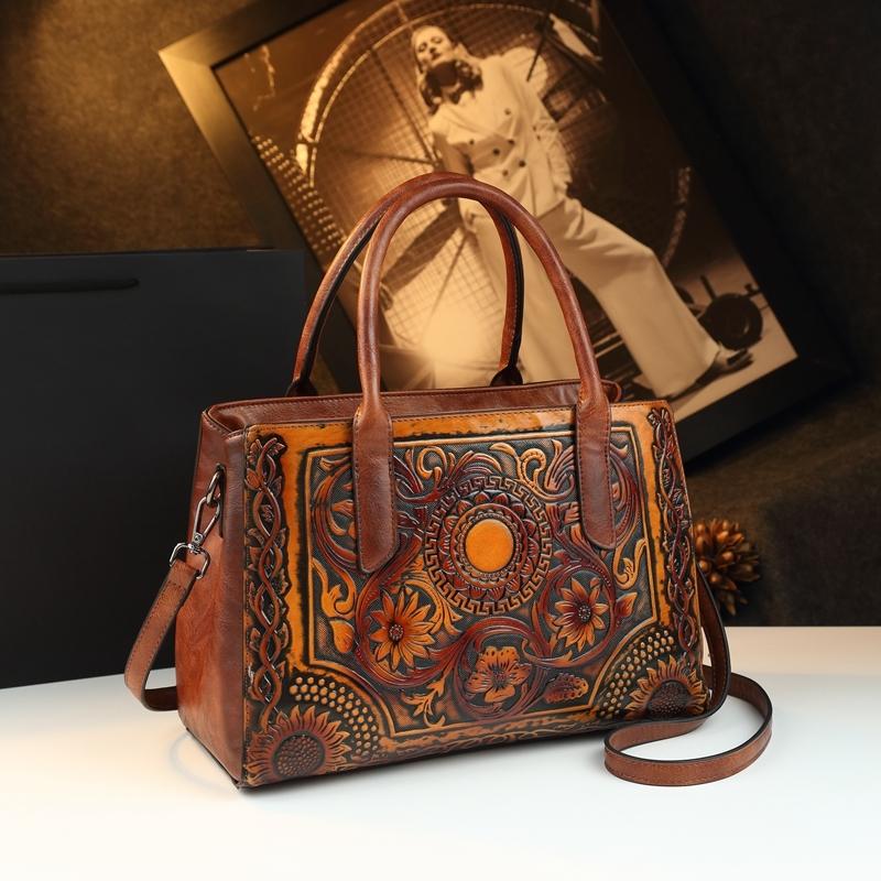 Vintage Tannery Craft Embossed Handbag, Traditional Floral Pressed Large Capacity Commuter Bag, Mom Style Shoulder Crossbody Bag