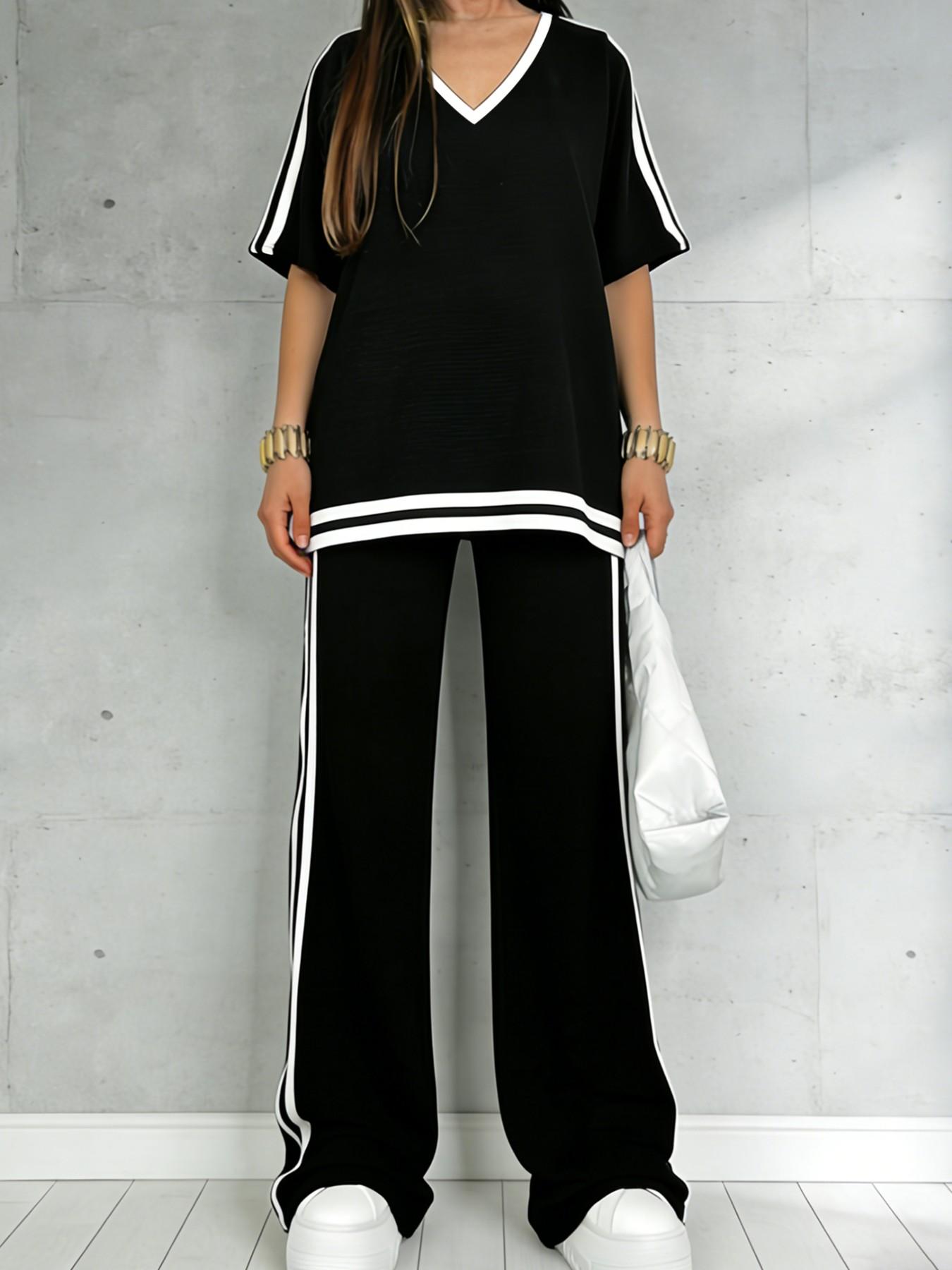 Women's Casual Sportswear Set, Pure Color V-Neck Short Sleeve T-Shirt & Striped Long Pants, Spring Summer Two-Piece