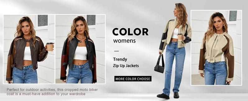 FMEYOA Womens Faux Leather Bomber Jackets Cropped Zip Up Color Block Fall Casual Moto Biker Coats