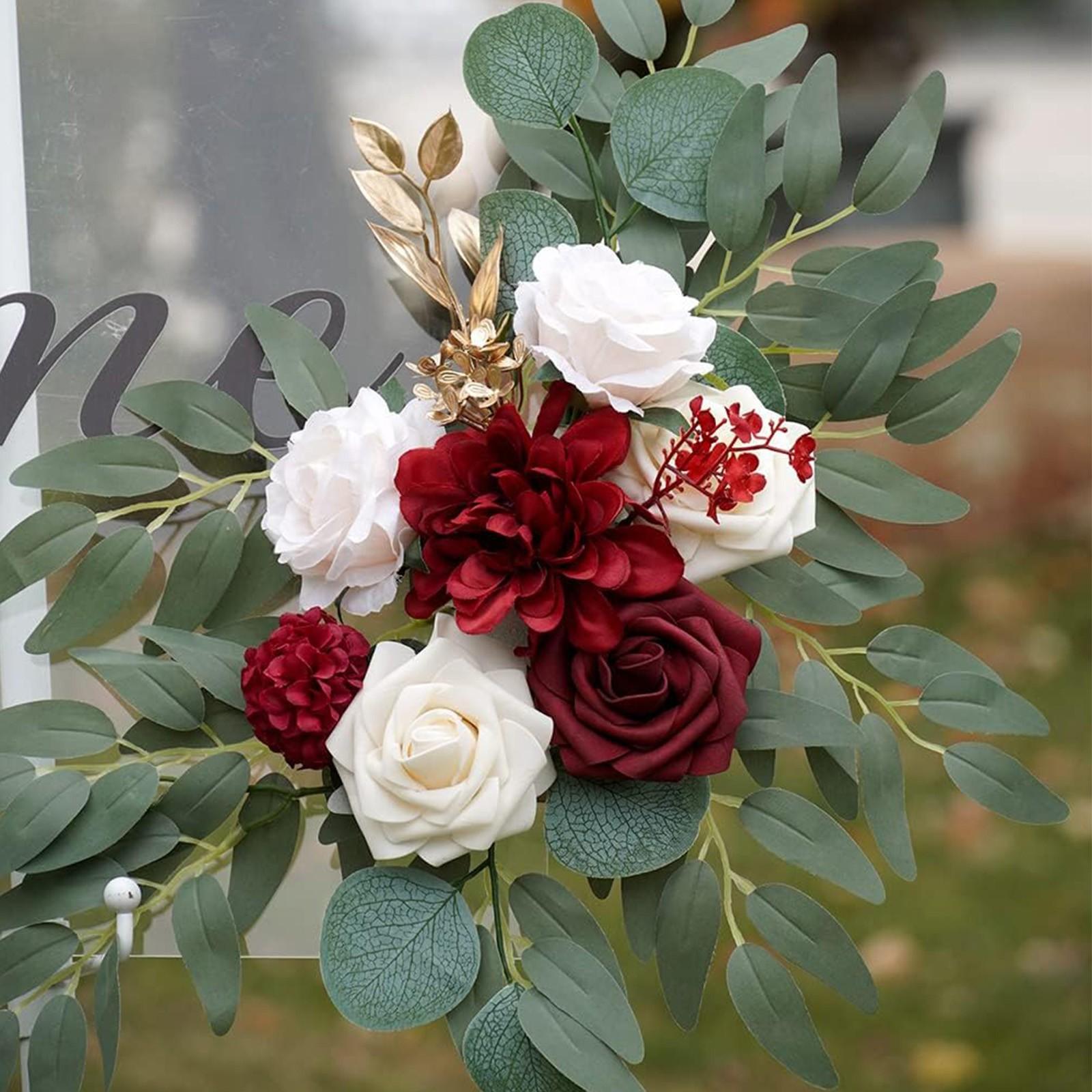 2-piece set of elegant and noble red artificial flower wedding arch decorations, paired with romantic red and white roses, bright red dahlias, and pink peonies, is ideal for receptions and home decorations
