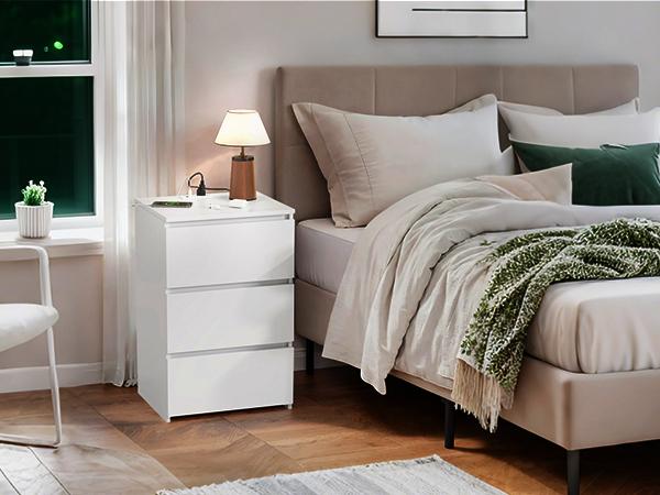FOTOSOK Nightstand Set of 2, Nightstad with Charging Station, White Nightstand with 3 Drawers, Nightstand with USB Ports, Power Outlets, Silent Slides, Wooden End Side Table Bedside Table for Bedroom, 2 Pcs