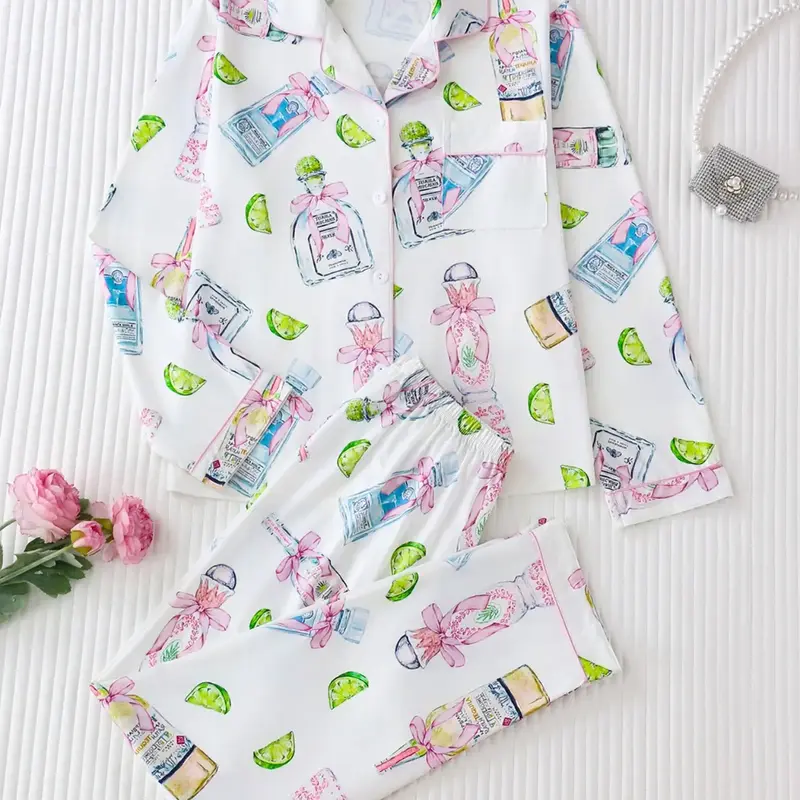 Elegant Chic Women's Spring Autumn Pajama Set, Cozy Matching Sleepwear, Casual Heart Pattern Fitted Long Sleeve Top & Soft Comfortable Pants, Perfect for Home Wear Loungewear