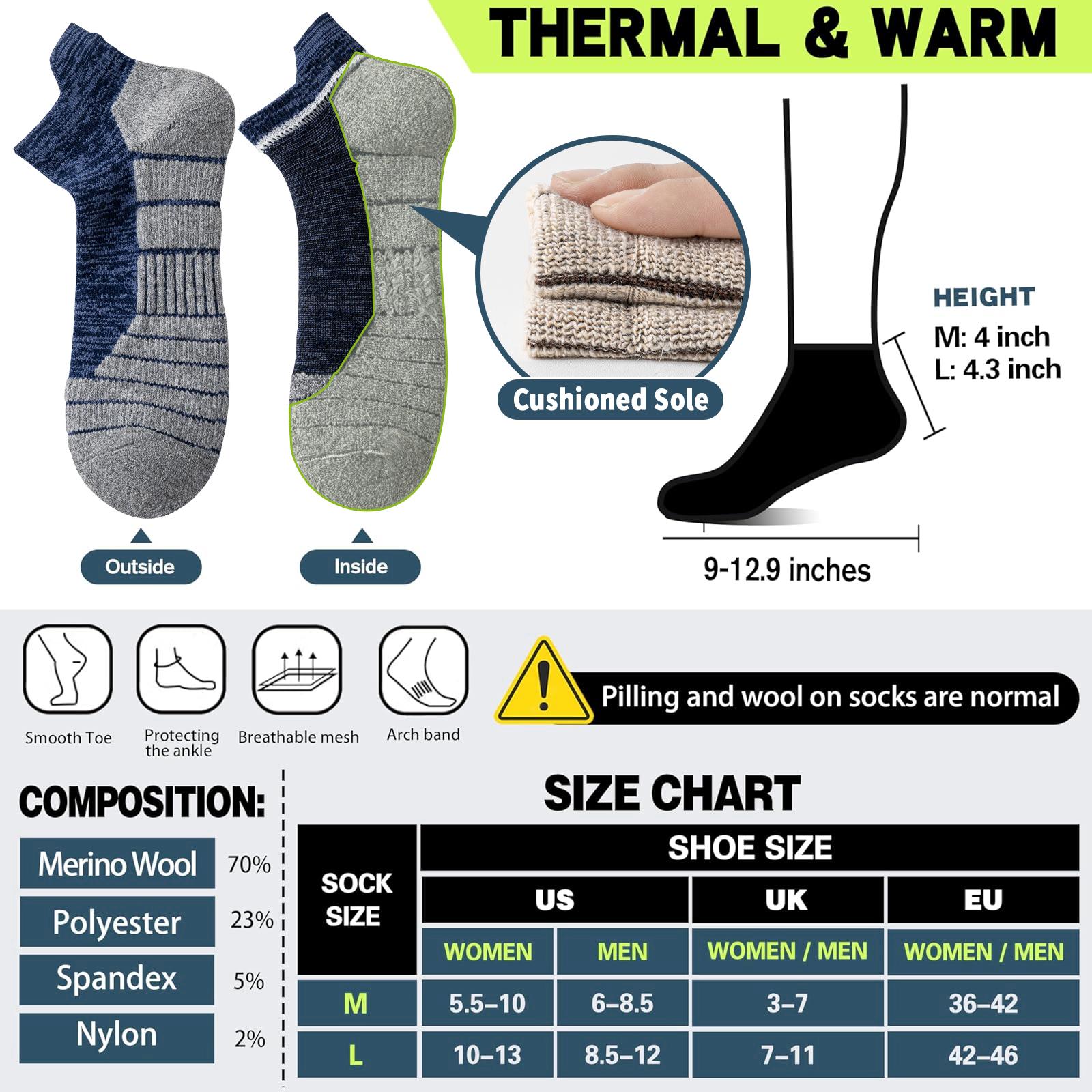 6 Pairs Merino Wool Ankle Running Hiking Socks Compression Support Breathable Thick Cushion No Show Socks for Women&Men Menswear