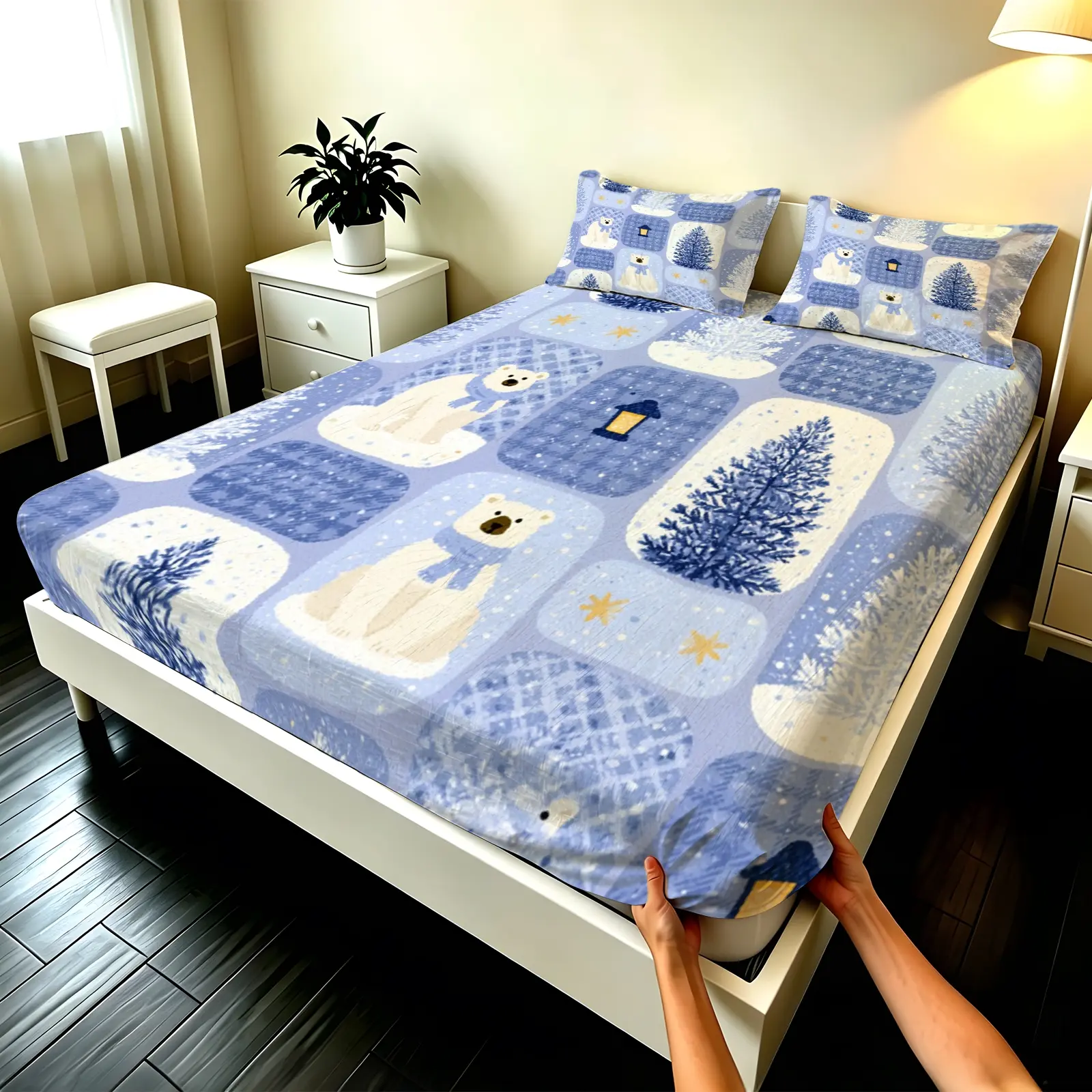 3pcs Fitted sheet Winter Polar Bear Pine Tree Print Bedding Set Soft Microfiber Wrinkle Resistant Fade Proof Breathable Cozy Warm Bed Cover Set for Bedroom Hotel Home Fits Twin Full Queen King Size Printed Bedding Set