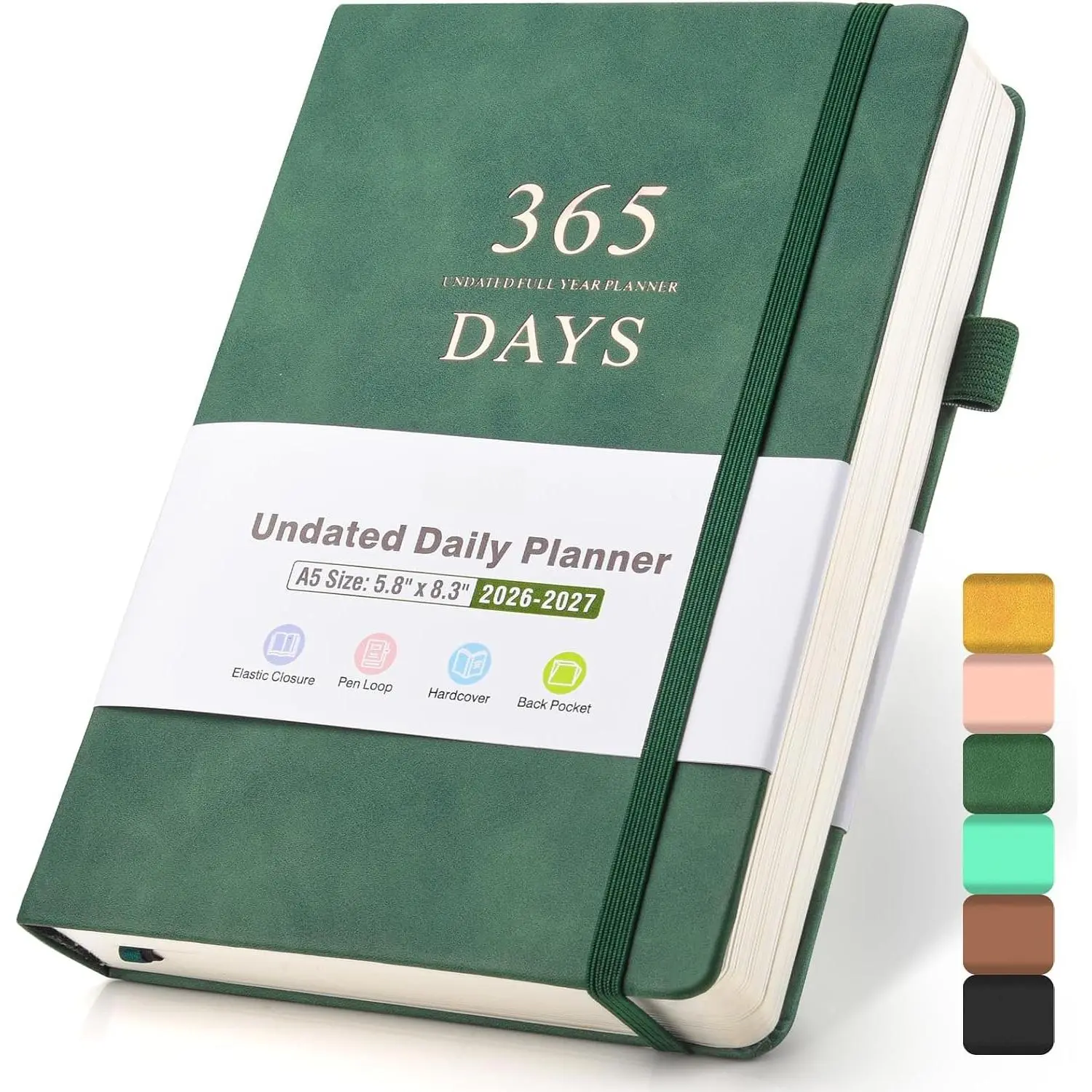 Undated Daily Planner with , 365 Days Planner for (A5, Green) | Hourly Planner Agenda Notebook for Goal Setting, Yealy Planners for Work Productivity Organizer with Calendar, 8.3'' x 5.8''